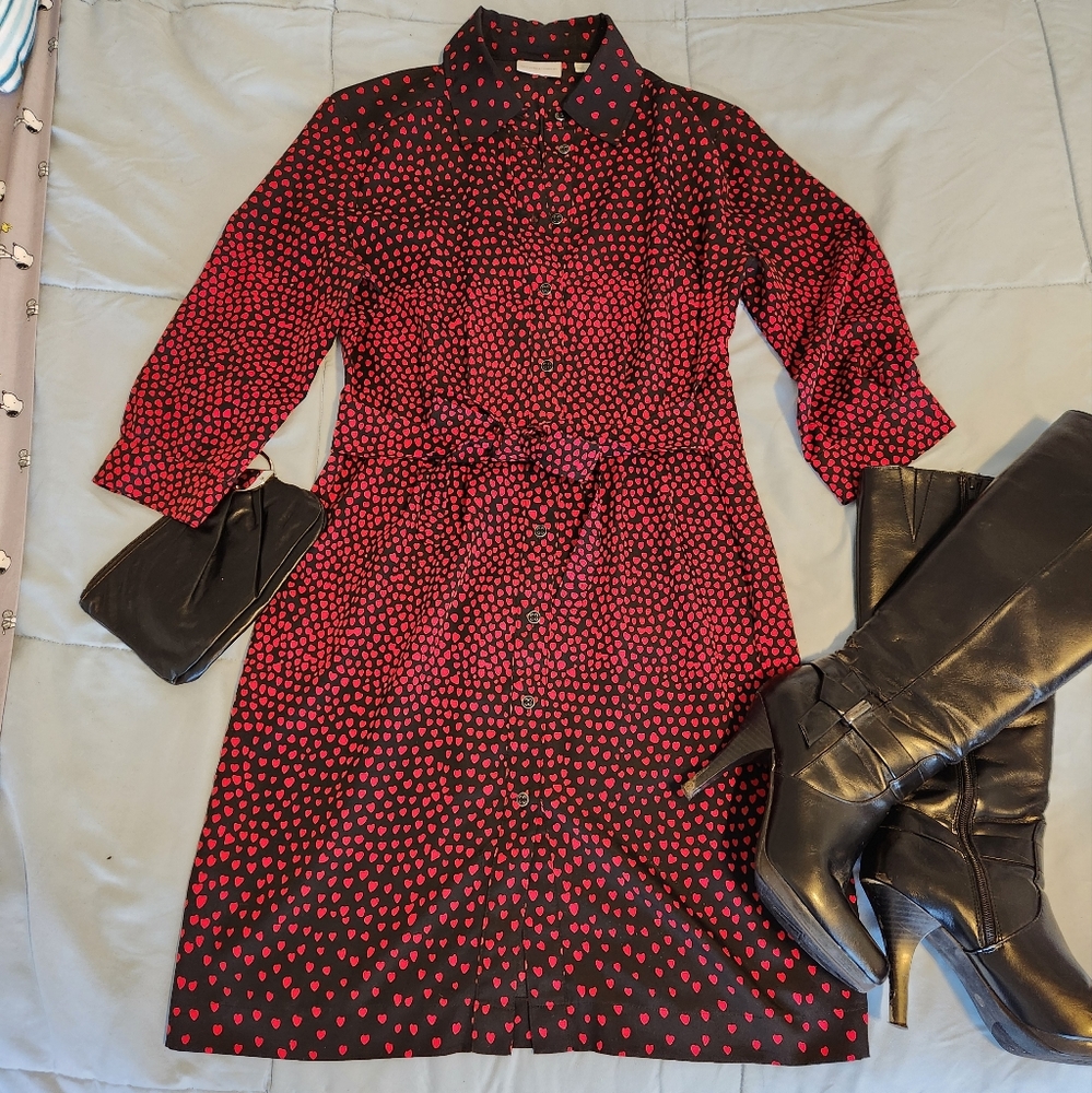 Heart-Patterned, Button-Front Shirt Dress